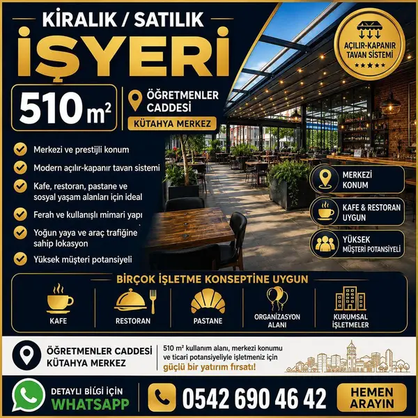 Kütahya Merkez Öğretmenler Caddesi'nde 510 m² Satılık Ticari Alan